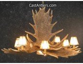 Moose 6 Cast Antler Chandelier w/ Downlight + Rawhide Shades