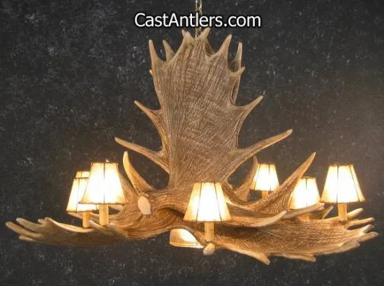 Moose 6 Cast Antler Chandelier w/ Downlight + Rawhide Shades