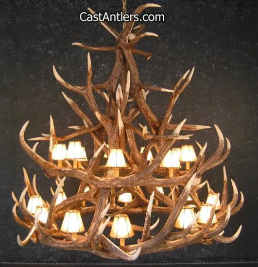 Elk 18 Cast Antler Chandelier w/ Rawhide Shades
