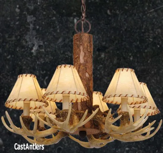 6-Light Cast Antler Chandelier with Faux Leather Shades