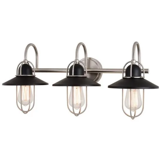 3 Light Matte Black and Nickel Industrial Edison Bathroom Vanity Light/Sconce
