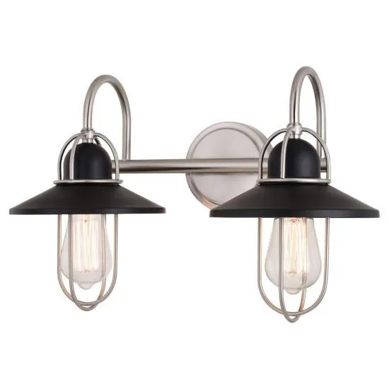 2 Light Matte Black and Nickel Industrial Edison Bathroom Vanity Light/Sconce