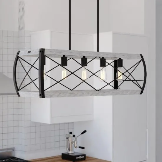 5-Light 35" Linear Rustic Farmhouse Chandelier Black and White Ash