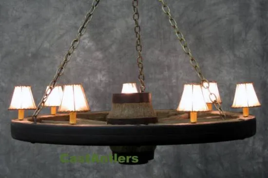 Lodge Wagon Wheel 42 inch Chandelier w/ Rawhide Shades