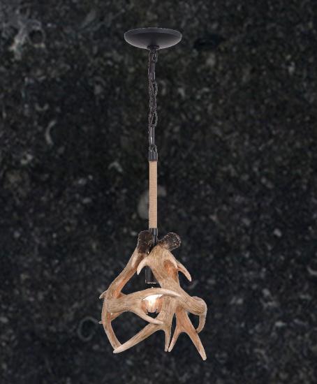 1-Light Cast Antler Aged Iron Pendant with Natural Rope