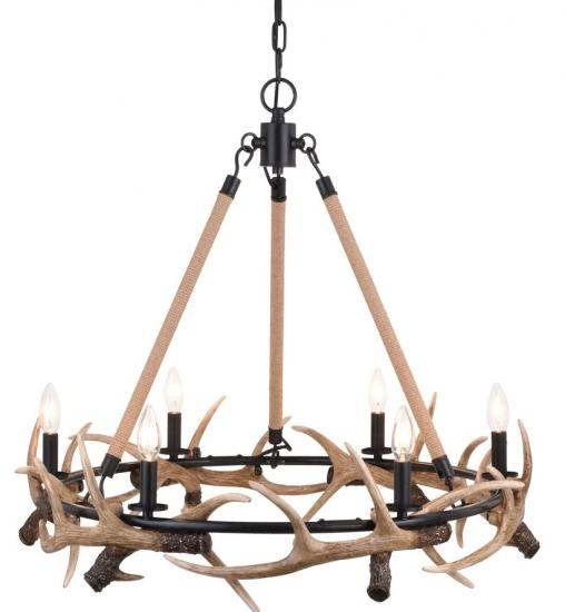 Cast Antler Chandelier 6-Light Aged Iron and Natural Rope