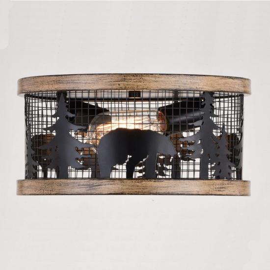 Rustic Cage Flush 12" Light With Bear and Trees
